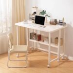 Mobile Computer Desk, Folding Desk With Storage Shelf, Home Office Desk With Wheels For Computer Workstation (With shelve, 80 x 58 x 75 CM) - Image 2