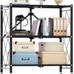 HealSmart 3-Tier Foldable Metal Shelves Heavy Duty Storage Shelving Unit with Wheels, Organizer Shelves for Garage Kitchen Holds up to 750 lbs Capacity, Black