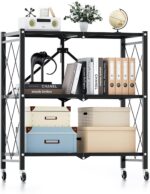 HealSmart 3-Tier Foldable Metal Shelves Heavy Duty Storage Shelving Unit with Wheels, Organizer Shelves for Garage Kitchen Holds up to 750 lbs Capacity, Black
