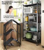 5-Tier Foldable Shelves,Organizers Rolling Cart Display Wire Rack, with Wheels Storage Shelving Unit,Heavy Duty Garage Storage Rack,Black Metal Kitchen Shelf - Image 3
