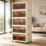 5 Tier Storage Cabinet with Wheels, Collapsible Organizer for Clothes, Large Capacity Foldable Cabinet for Bedroom Living Room Office, Stackable PP Unit with Dual Opening Doors & Top Lid |58x27x130CM - Image 2