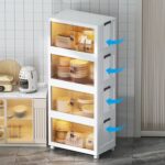 Multi Layered Folding Storage Cabinet, Large capacity Standing Storage Cabinet Shelf Transparent and Visible Dustproof Toy Storage Box, Snacks Locker, Bookcase with Universal Wheels (5 Layer) - white - Image 4