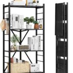 VEVOR 4-Tier Foldable Storage Shelf, 28W x 13D x 54H Inch Folding Metal Rack Shelving Unit, Heavy Duty No Assembly Organizer Shelf with 5 Wheels & 4 Hooks for Pantry, Kitchen, Garage, Basement, Black