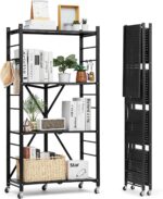 VEVOR 4-Tier Foldable Storage Shelf, 28W x 13D x 54H Inch Folding Metal Rack Shelving Unit, Heavy Duty No Assembly Organizer Shelf with 5 Wheels & 4 Hooks for Pantry, Kitchen, Garage, Basement, Black