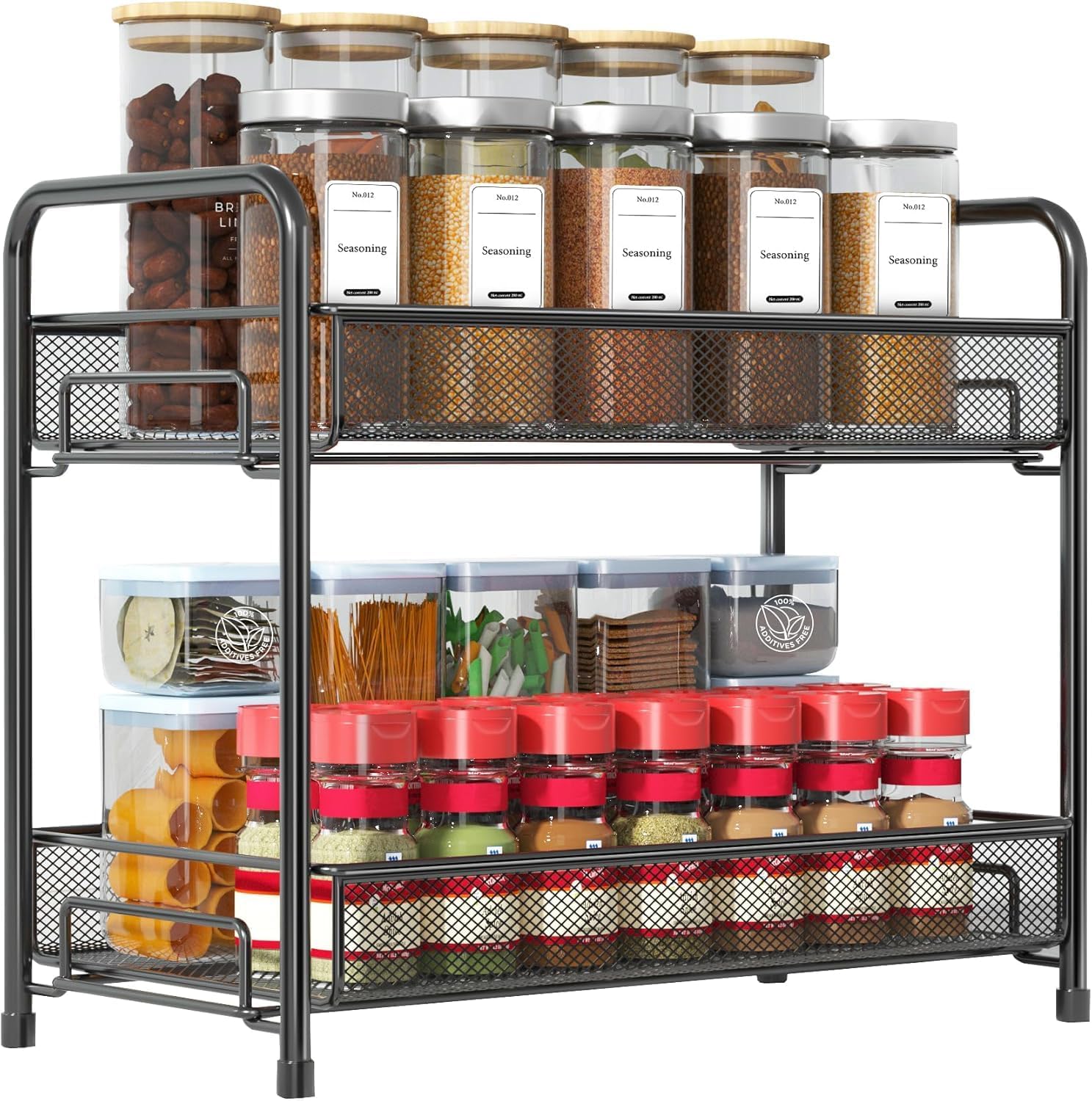 812du5-eWjL._AC_SL1500_.jpg TAME Spice Rack Organizer for Countertop, 2-Tier Kitchen Countertop Organizer Shelf, Foldable Seasoning Storage Shelf, Bathroom Organizer Stand, Home Storage and Organizers Kitchen Pantry Shelves - Image 1
