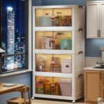Multi Layered Folding Storage Cabinet, Large capacity Standing Storage Cabinet Shelf Transparent and Visible Dustproof Toy Storage Box, Snacks Locker, Bookcase with Universal Wheels (5 Layer) - white - Image 8