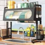 Heavy Duty Over The Sink Dish Drying, 3 Tier Metal Over The Counter Dish Drying Rack with Dust-Proof Cabinet, Height Large Drainer with Utensil Holder for Kitchen(Black) - Image 7