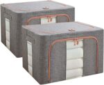 THMINS 100L Clothes Storage Bag, 2 Pack Foldable Steel Frame Closet Organizers Storage Containers,Large Storage Bins for Comforters, Blankets, Bedding,Toys, Books, Foldable with Sturdy Zipper