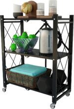 3-Tier Shelf Foldable Storage Shelving Unit, Storage Shelves Cabinet Kitchen Storage Rack with Caster Wheels, Multipurpose Foldable Storage Shelves for Living Room Bedroom Kitchen - Image 7