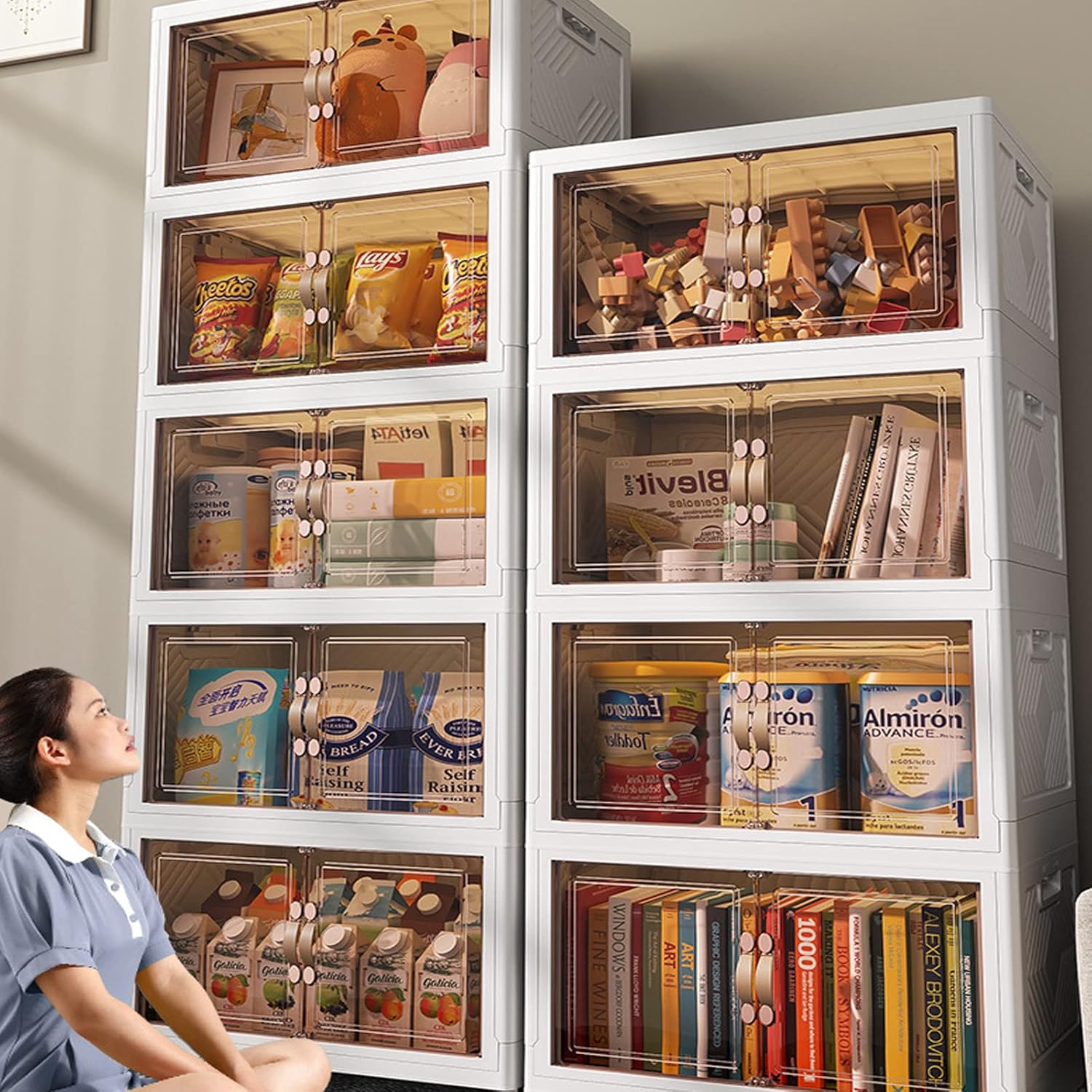 81RipxISTHL._AC_SL1500_.jpg Multi Layered Folding Storage Cabinet, Large capacity Standing Storage Cabinet Shelf Transparent and Visible Dustproof Toy Storage Box, Snacks Locker, Bookcase with Universal Wheels (5 Layer) - white - Image 1