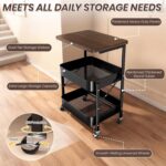 U-HOOME 3 Tier Rolling Cart with Wooden Tabletop,Foldable Metal Storage Trolley Cart Organizer Printer Table Cart,Movable Storage Cart Organizer with Wheels for Kitchen,Office,Bedroom - Image 5