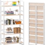 4NM No-Assembly 5 Tiers Folding Bookshelf Storage Shelves Vintage Bookcase Standing Racks Study Organizer Home Office (Natural and White)