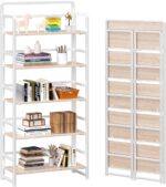 4NM No-Assembly 5 Tiers Folding Bookshelf Storage Shelves Vintage Bookcase Standing Racks Study Organizer Home Office (Natural and White)