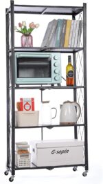 Letusto Heavy Duty Foldable Collapsible Shelf with Wheels with Breaks - Folding Metal Frame Shelving Pantry Organizer System Rack - Shelves with No Assembly Required (Black, 5 Tier)