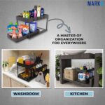 MARKQ Under Sink Organizer – 2-Tier Sliding Storage Rack with Hooks | Multi-Purpose Cabinet Storage for Kitchen, Bathroom & Laundry | Space-Saving Non-Slip Stand (Black) - Image 9