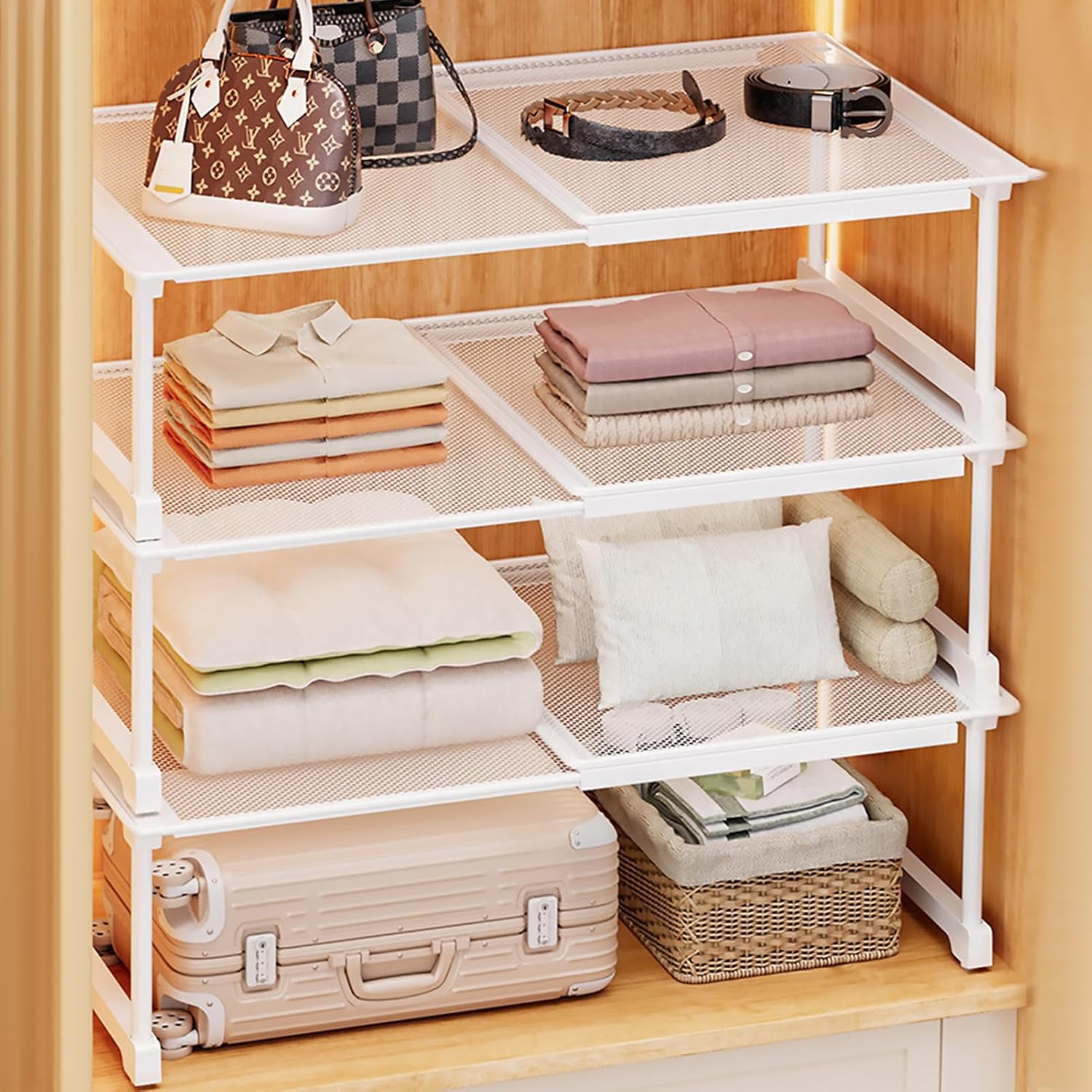 81uYFBBAmsL._AC_SL1500_.jpg Beauenty 1Pcs Stackable Closet Tension Shelf for Wardrobe, Expandable Metal Storage Rack Adjustable Organizer DIY Divider Separator for Cabinet Wardrobe Cupboard Kitchen(53-88cm/25cm wide) - Image 1