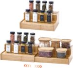 Kitchen Spice Rack Organizer for Cabinet, 2 Tier Expandable Bamboo Kitchen Shelf Organizer, Cupboard Organizers and Storage Great for Kitchen Cabinet, Cupboard,Pantry and More