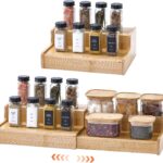 Kitchen Spice Rack Organizer for Cabinet, 2 Tier Expandable Bamboo Kitchen Shelf Organizer, Cupboard Organizers and Storage Great for Kitchen Cabinet, Cupboard,Pantry and More