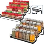YelaJoy 2-Pack 4-Tier Expandable Spice Rack Organizer for Cabinet – Metal Step Shelf with Anti-Slip Rails, Adjustable Storage for Kitchen Cabinets & Countertops (Black, Two Sizes)