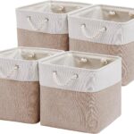Storage Bins for Organizing (4 Pack), Extra Large Fabric Storage Baskets for Shelves with Ropes, Foldable Storage Cubes for Home, Office,Closet, Clothes, Toys Organizer(White & Beige 13x13x13 inch)