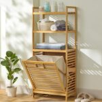 JOMILA Bamboo Laundry Hamper Basket with Lid Bag Storage Dirty Clothes Tilt Out Baskets Section with Handles 2/3-Tier Shelves Organizer Hampers for Bedroom Bathroom Living Room (Style C) - Image 4