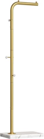 YATINEY L Shaped Glod Coat Rack, Metal Coat Tree, Modern Clothes Rack with 3 Hooks and Thickened Base, Floor Standing Coat Hanger Stand, for Entryway, Living Room, Cloakroom, Gold and White YM01DWY1