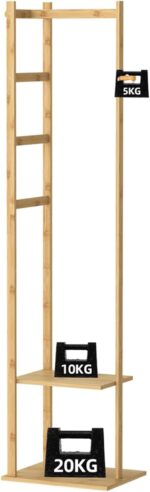 medla Bamboo Clothes Hanger Stand: Wood Cloth Rack with 3 Hanging Hooks and 2 Tier Shoe and Bag Storage Shelves Free Standing Coat Organizer for Hallway Home Office - Image 8