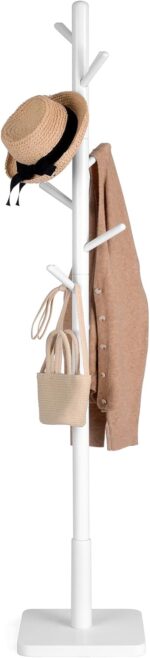 VASAGLE Coat Rack, Solid Wood Coat Stand, Free Standing Hall Coat Tree with 8 Hooks for Coats, Hats, Bags, Purses, for Entryway, Hallway, Rubberwood Hooks and Pole, White RCR010W02