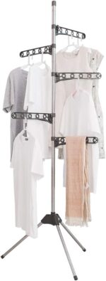 BAOYOUNI Foldable Laundry Pole Clothes Tree Drying Rack Airer Corner Tripod Coat Hanger Standing Garment Storage Shelf Holder Indoor Space Saving Organizer with 5 Adjustable Arms, Grey