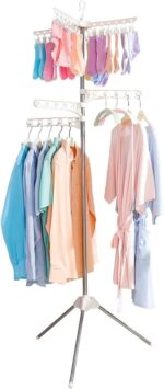 BAOYOUNI Collapsible Clothes Drying Rack Foldable Tripod Coat Hanger Corner Garment Storage Shelf Stand Portable Laundry Organizer Indoor Outdoor with 3 Arms and 24 Clothespins - Ivory