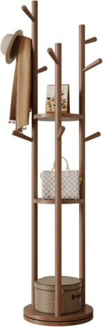 Solid Wood Rotary Coat Rack, Freestanding Coat Rack with 3 Shelves and 9 Hooks, Coat tree for Bedroom Entryway Livingroom Coat Hanger Stand for Coats Scarves, Handbags (Walnut) - Image 9