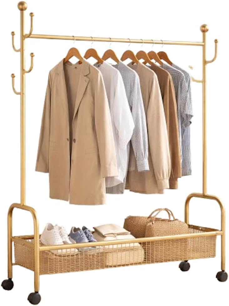 51hl284zVpL._AC_SL1080_.jpg XVersion 120 cm Clothes Rack with Wheels, Metal Garment Rack with Bottom Storage Basket and Side Hooks for Bedroom, Laundry Room and Entryway, Gold - Image 1