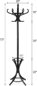 GOFLAME 73" Coat Rack Freestanding, Wooden Coat Tree with 12 Hooks and Umbrella Stand, Entryway Hall Tree, Hat Hanger Organizer, Coat Rack Stand for Coats, Hats, Scarves, Bags, Easy Assembly, Black - Image 6