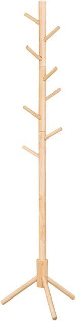 VASAGLE Wooden Coat Stand on Feet Tree Shaped 8 Hooks 3 Adjustable Heights for Clothes, Hats, Bags, Entryway, Living Room, Bedroom, Office, Woody Colour RCR004N01
