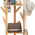 medla Bamboo Clothes Hanger Stand: Freestanding Cloth Rail Wooden Clothes Rack with 3 Tier shelves and 10 Hooks Entry Hall Tree Multifunctional Coat Stand for Bedroom Hallway