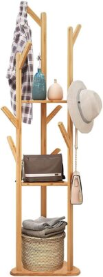 medla Bamboo Clothes Hanger Stand: Freestanding Cloth Rail Wooden Clothes Rack with 3 Tier shelves and 10 Hooks Entry Hall Tree Multifunctional Coat Stand for Bedroom Hallway