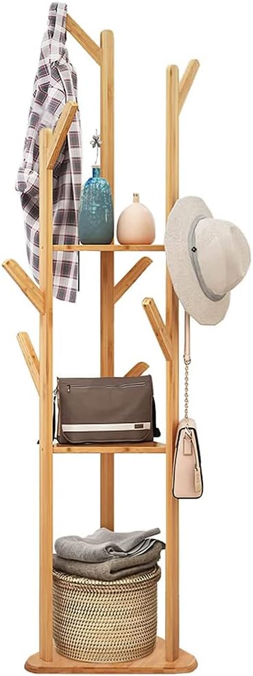 51vCevcUexL._AC_SL1000_.jpg medla Bamboo Clothes Hanger Stand: Freestanding Cloth Rail Wooden Clothes Rack with 3 Tier shelves and 10 Hooks Entry Hall Tree Multifunctional Coat Stand for Bedroom Hallway - Image 1
