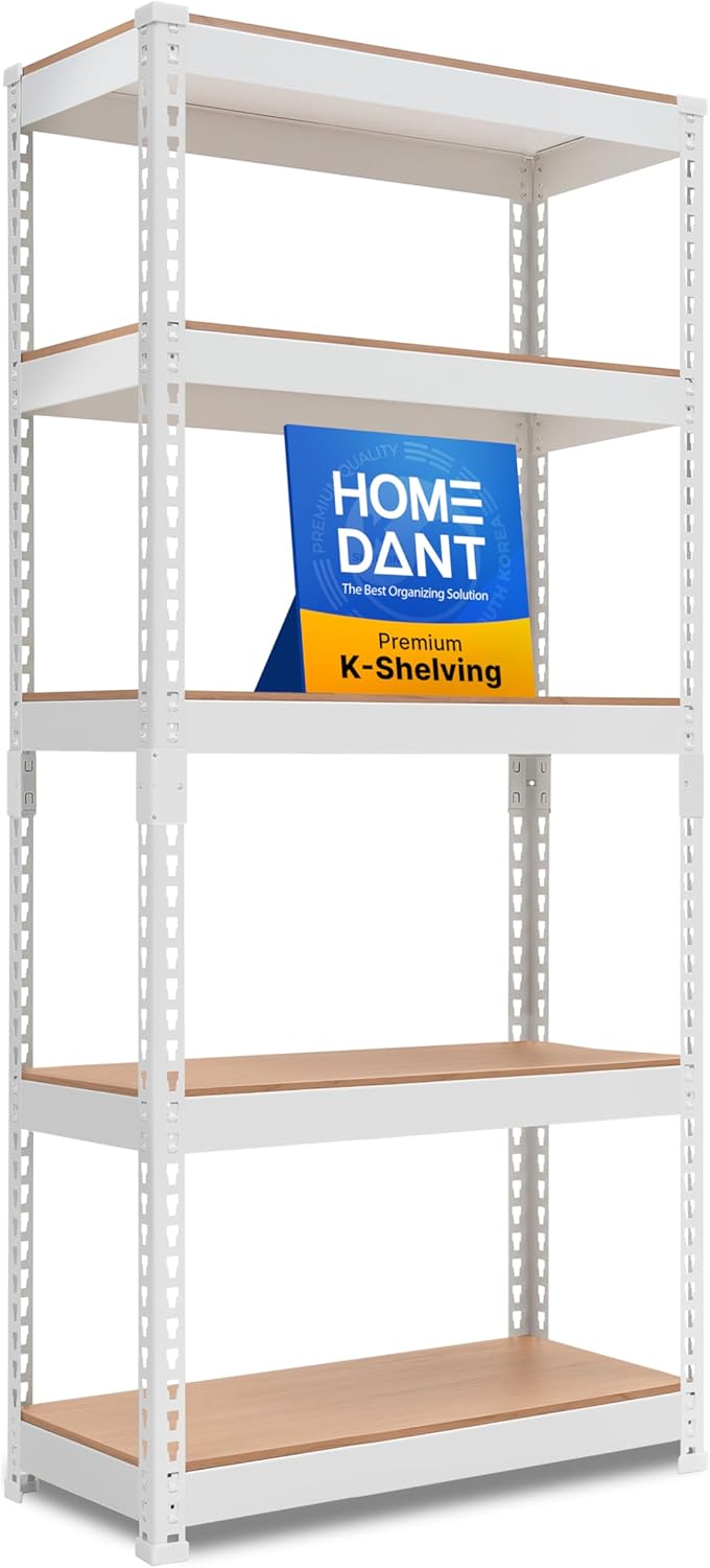 61-NROiTWsL._AC_SL1500_.jpg HOMEDANT 5 Tier Laminated White Boltless Metal Shelving Unit Adjustable Garage Storage Utility Rack Heavy Duty Shelves Organization Multipurpose Shelf Warehouse Pantry 28" W x 12.3" D x 59.5" H 1Pack - Image 1