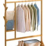 Bamboo Clothes Rack Portable Garment Rack Rolling Coat Rack Clothing Organizer Pant Hat Tree Multifunctional Bedroom Hanging Rack Wardrobe Storage Shelves with Wheels For Entryway Bed Room