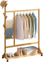 Bamboo Clothes Rack Portable Garment Rack Rolling Coat Rack Clothing Organizer Pant Hat Tree Multifunctional Bedroom Hanging Rack Wardrobe Storage Shelves with Wheels For Entryway Bed Room