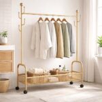 XVersion 120 cm Clothes Rack with Wheels, Metal Garment Rack with Bottom Storage Basket and Side Hooks for Bedroom, Laundry Room and Entryway, Gold - Image 2