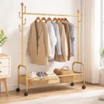 XVersion 120 cm Clothes Rack with Wheels, Metal Garment Rack with Bottom Storage Basket and Side Hooks for Bedroom, Laundry Room and Entryway, Gold - Image 4