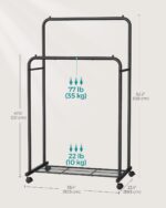 SONGMICS Double Rods Clothes Rack with Wheels, Clothing Rack for Hanging Clothes, Heavy Duty Garment Rack with Mesh Storage Shelf, 2 Brakes, Each Top Rail Holds up to 77 lb, Black UHSR26BKV1 - Image 6