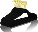 MIZGI Premium Velvet Hangers Pack 50 Pcs Heavyduty - Non Slip Slimline - Velvet Suit Hangers Black - Gold Hooks,Space Saving Clothes Hangers (Black)