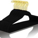 MIZGI Premium Velvet Hangers Pack 50 Pcs Heavyduty - Non Slip Slimline - Velvet Suit Hangers Black - Gold Hooks,Space Saving Clothes Hangers (Black)
