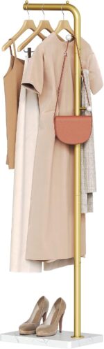 YATINEY L Shaped Glod Coat Rack, Metal Coat Tree, Modern Clothes Rack with 3 Hooks and Thickened Base, Floor Standing Coat Hanger Stand, for Entryway, Living Room, Cloakroom, Gold and White YM01DWY1 - Image 9