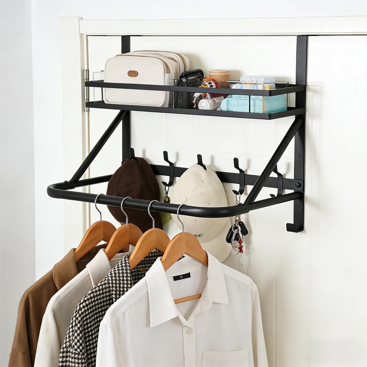 616FjTEn6QL._AC_SL1200_.jpg Over The Door Clothes Hanger, Metal Over The Door Hangers for Clothes with 7 Hooks1 Storage Basket For Clothing Hanger Drying Racks for Laundry, Bedroom, Washroom wait(black) - Image 1