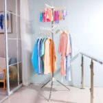 BAOYOUNI Collapsible Clothes Drying Rack Foldable Tripod Coat Hanger Corner Garment Storage Shelf Stand Portable Laundry Organizer Indoor Outdoor with 3 Arms and 24 Clothespins - Ivory - Image 2