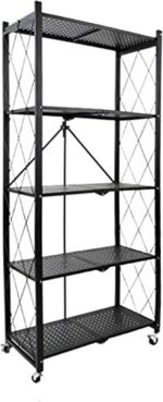 ECVV Multishelf Foldable Storage Shelves For Garage Kitchen Home Closet, Metal Wire, Collapsible Organizer Rack On 4'' Wheel Casters, Metal Organizer Wire Rack, Black/White 5Shelfblack,