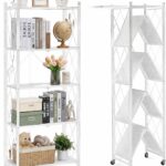 Toshionics 5 Tier Foldable Storage Shelves with Wheels [Heavy Duty] Metal Shelving unit - Kitchen Cabinet Self Storage Multipurpose Rack Book shleves Garage Easy Assembly 160x38x71 cm - White